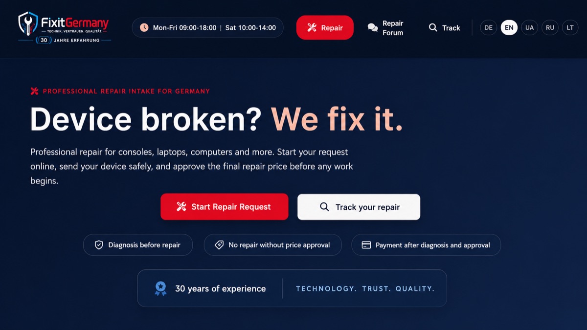 FixitGermany repair service website screenshot showing repair request and tracking entry points