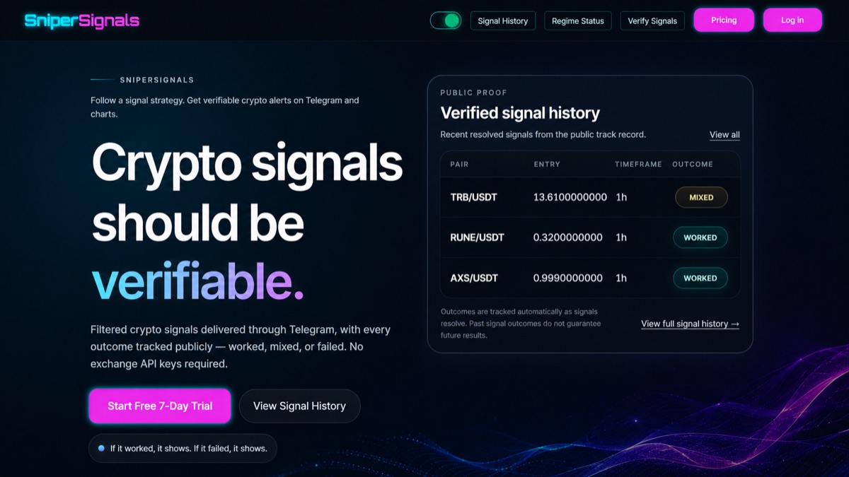 SniperSignals dashboard-style platform screenshot with signal history interface